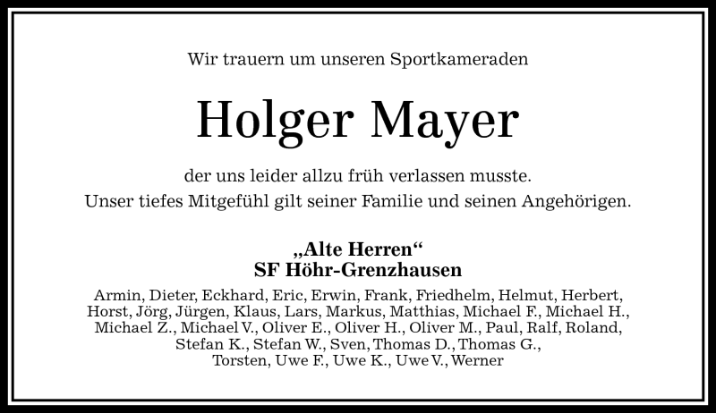  Traueranzeige für Holger Mayer vom 24.09.2011 aus Westerwälder Zeitung