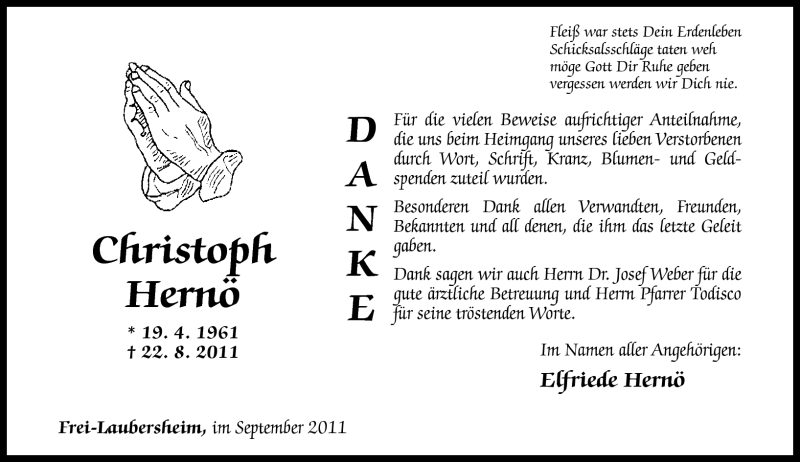  Traueranzeige für Christoph Hernö vom 24.09.2011 aus Oeffentlicher Anzeiger