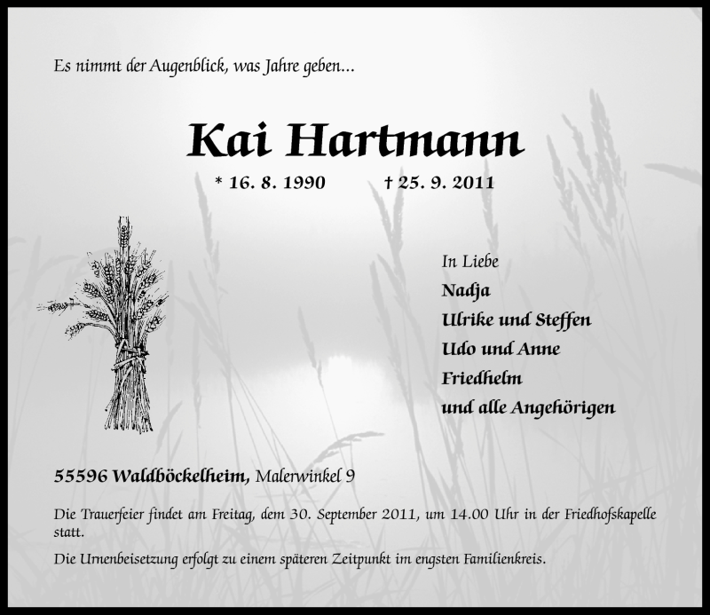  Traueranzeige für Kai Hartmann vom 28.09.2011 aus Oeffentlicher Anzeiger