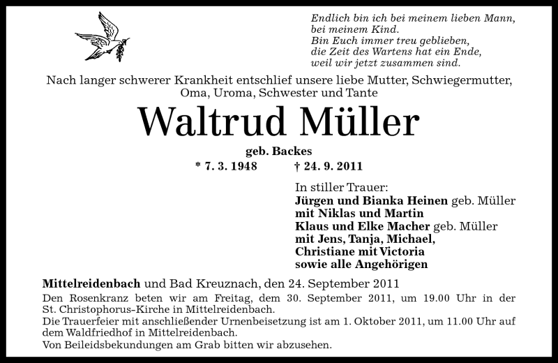  Traueranzeige für Waltrud Müller vom 28.09.2011 aus Nahe-Zeitung