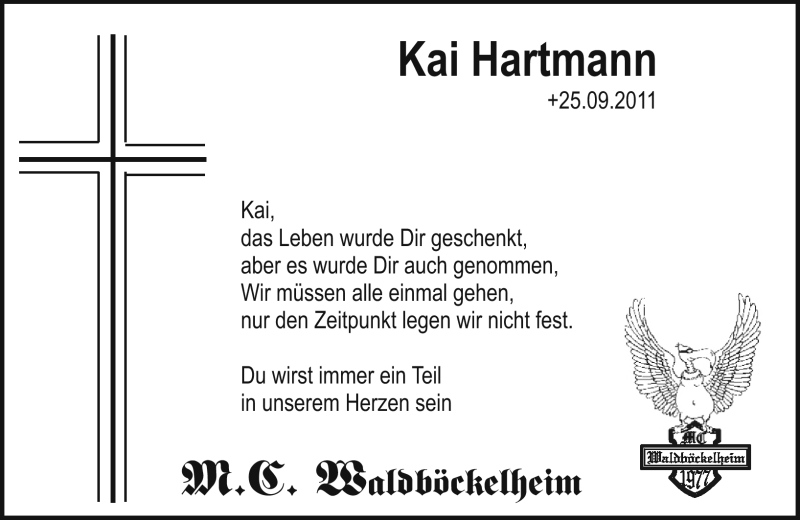 Traueranzeige für Kai Hartmann vom 30.09.2011 aus Oeffentlicher Anzeiger