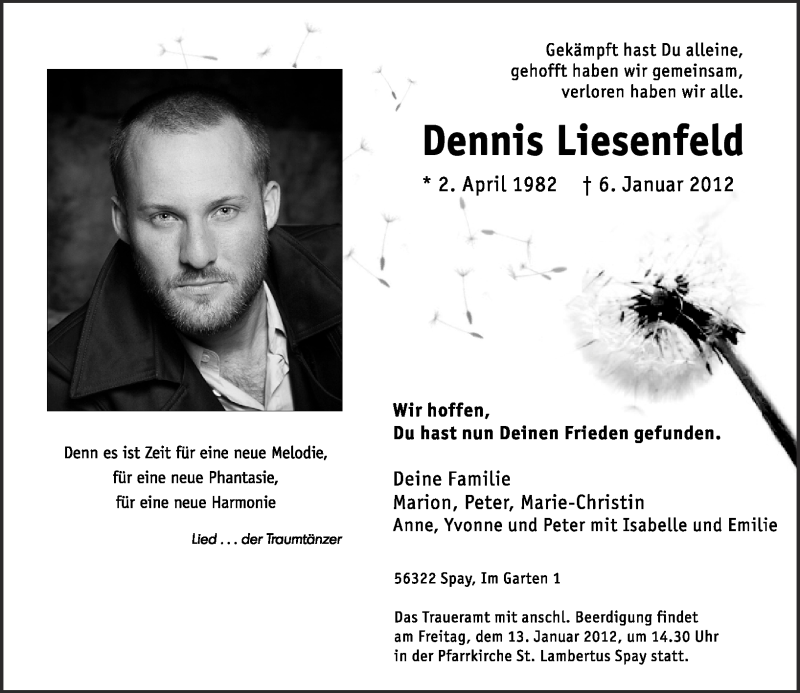  Traueranzeige für Dennis Liesenfeld vom 11.01.2012 aus Rhein-Zeitung