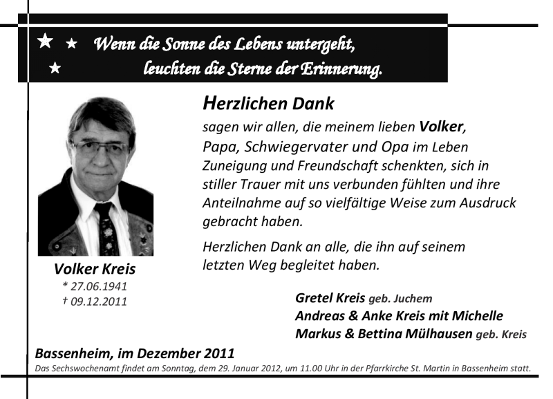  Traueranzeige für Volker Kreis vom 14.01.2012 aus Rhein-Zeitung