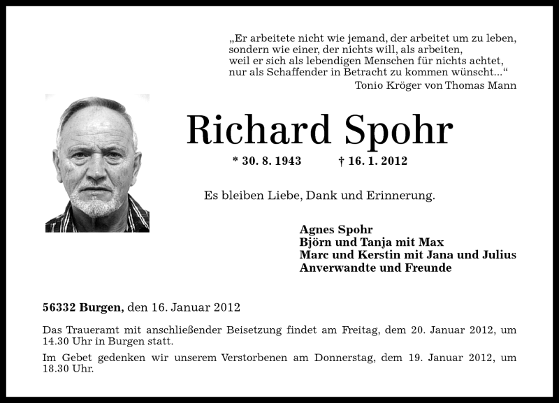  Traueranzeige für Richard Spohr vom 18.01.2012 aus Rhein-Zeitung