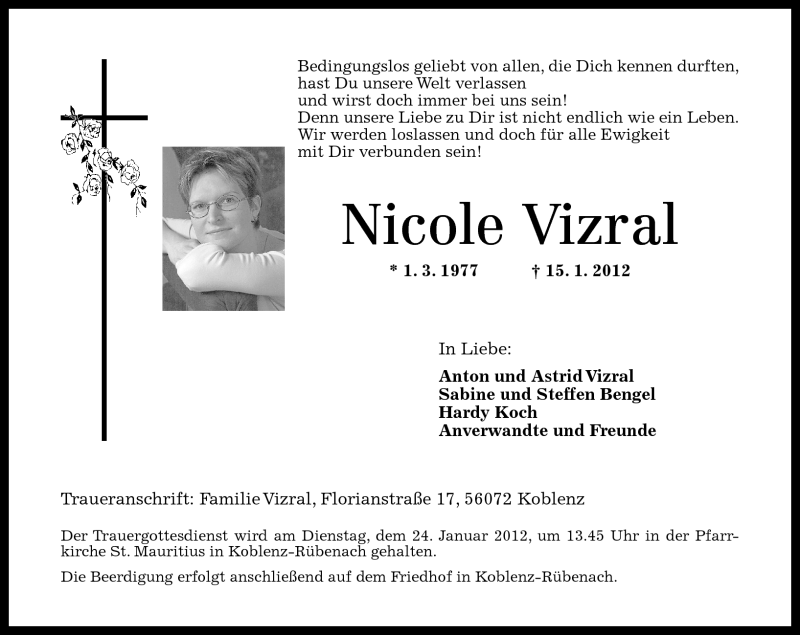  Traueranzeige für Nicole Vizral vom 21.01.2012 aus Rhein-Zeitung
