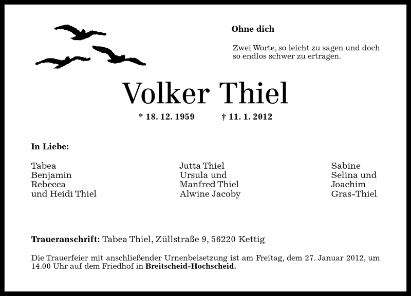  Traueranzeige für Volker Thiel vom 21.01.2012 aus Rhein-Zeitung