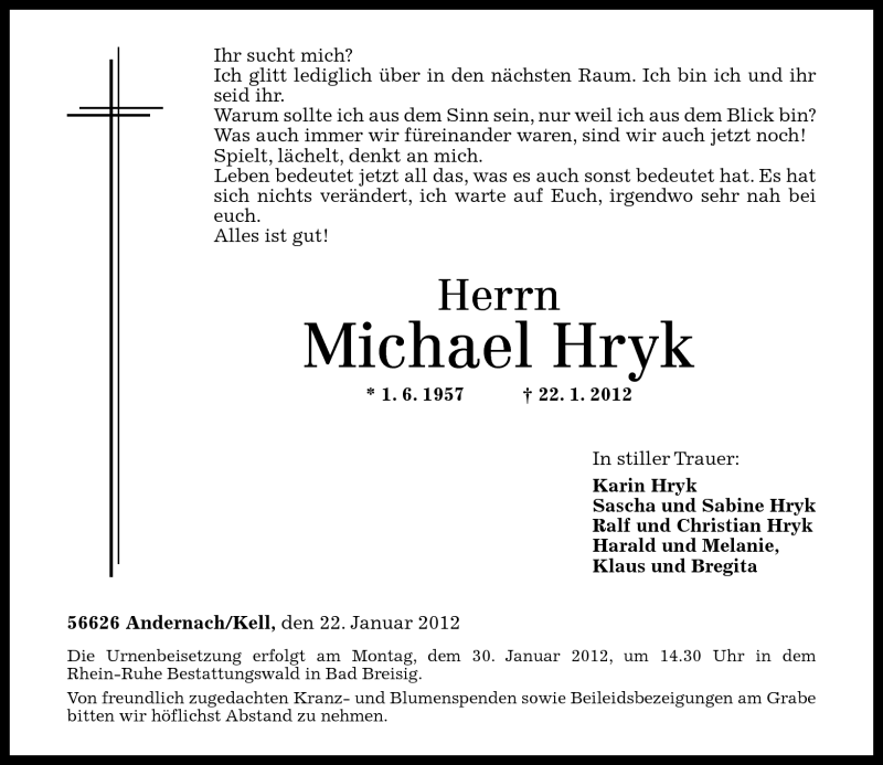  Traueranzeige für Michael Hryk vom 25.01.2012 aus Rhein-Zeitung