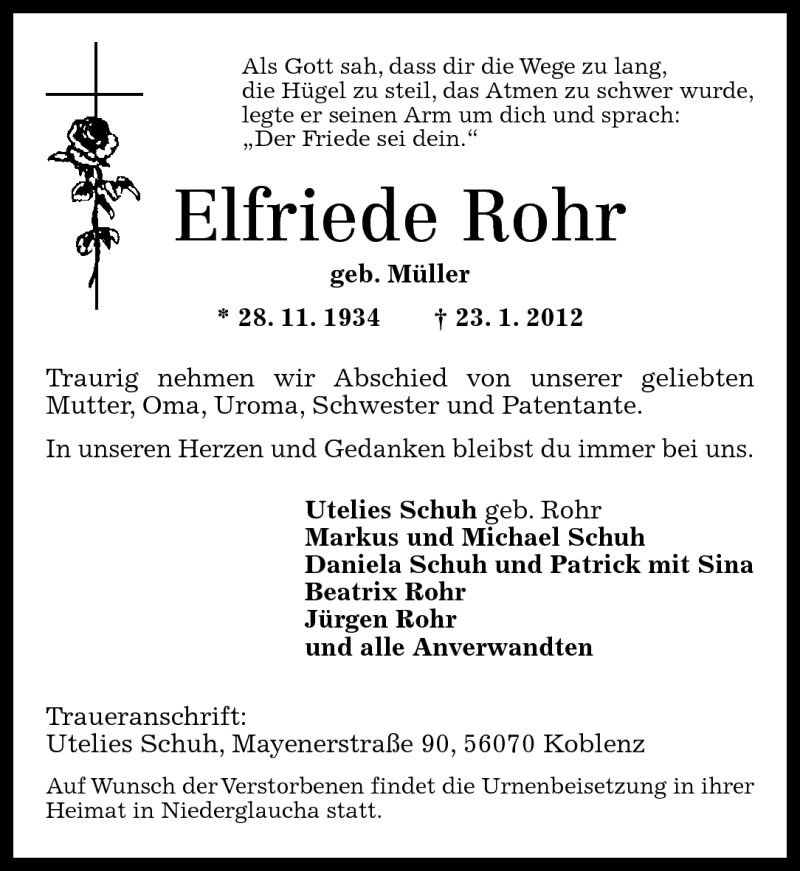  Traueranzeige für Elfriede Rohr vom 28.01.2012 aus Rhein-Zeitung