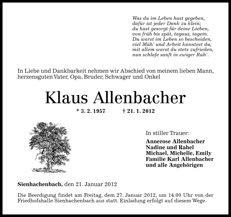  Traueranzeige für Klaus Allenbacher vom 26.01.2012 aus Nahe-Zeitung
