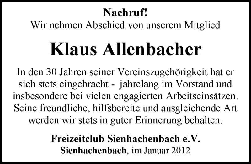  Traueranzeige für Klaus Allenbacher vom 27.01.2012 aus Nahe-Zeitung