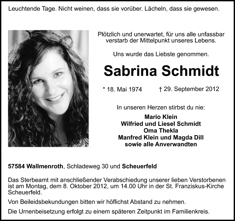  Traueranzeige für Sabrina Schmidt vom 06.10.2012 aus Rhein-Zeitung