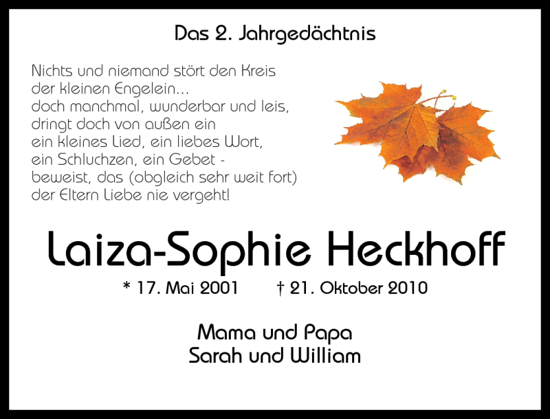  Traueranzeige für Laiza-Sophie Heckhoff vom 20.10.2012 aus Rhein-Zeitung