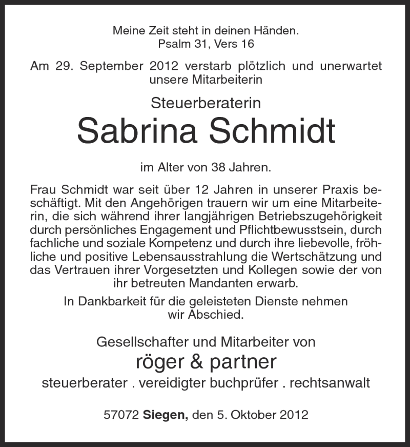  Traueranzeige für Sabrina Schmidt vom 11.10.2012 aus Rhein-Zeitung