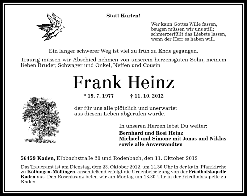  Traueranzeige für Frank Heinz vom 17.10.2012 aus Westerwälder Zeitung