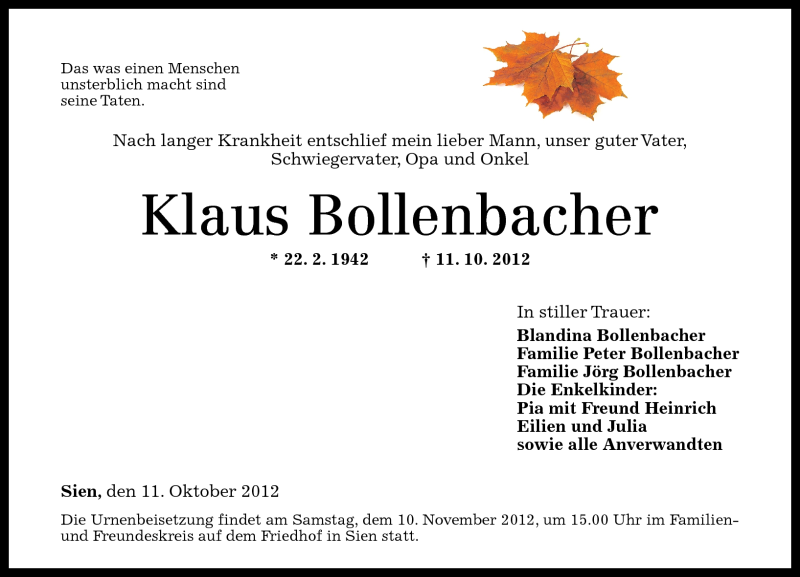  Traueranzeige für Klaus Bollenbacher vom 17.10.2012 aus Nahe-Zeitung
