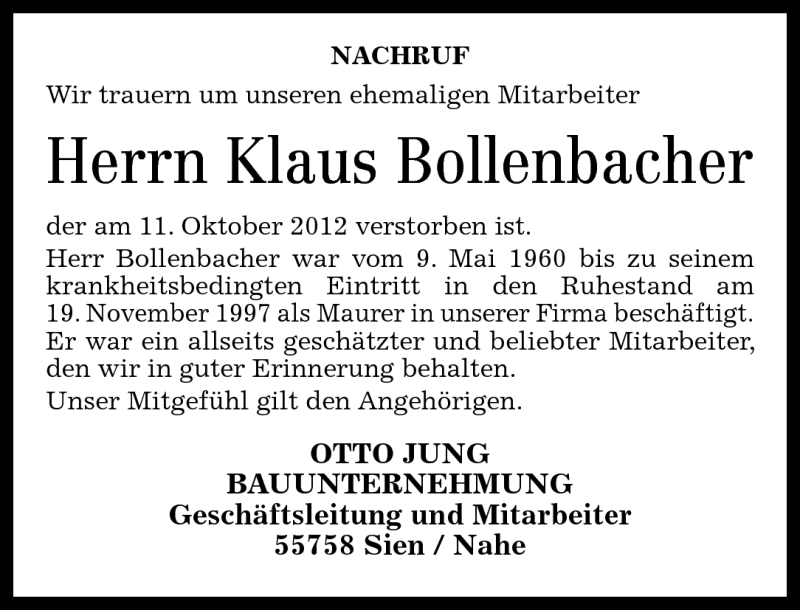  Traueranzeige für Klaus Bollenbacher vom 19.10.2012 aus Nahe-Zeitung