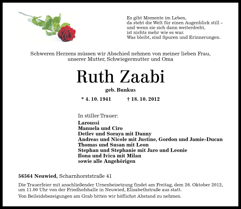  Traueranzeige für Ruth Zaabi vom 23.10.2012 aus Rhein-Zeitung