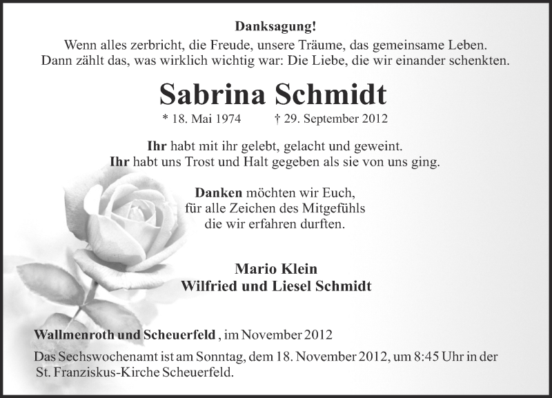  Traueranzeige für Sabrina Schmidt vom 10.11.2012 aus Rhein-Zeitung