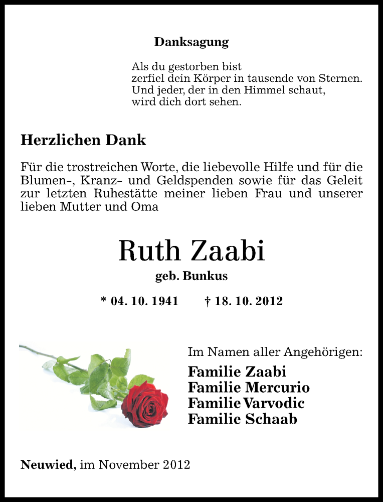  Traueranzeige für Ruth Zaabi vom 10.11.2012 aus Rhein-Zeitung