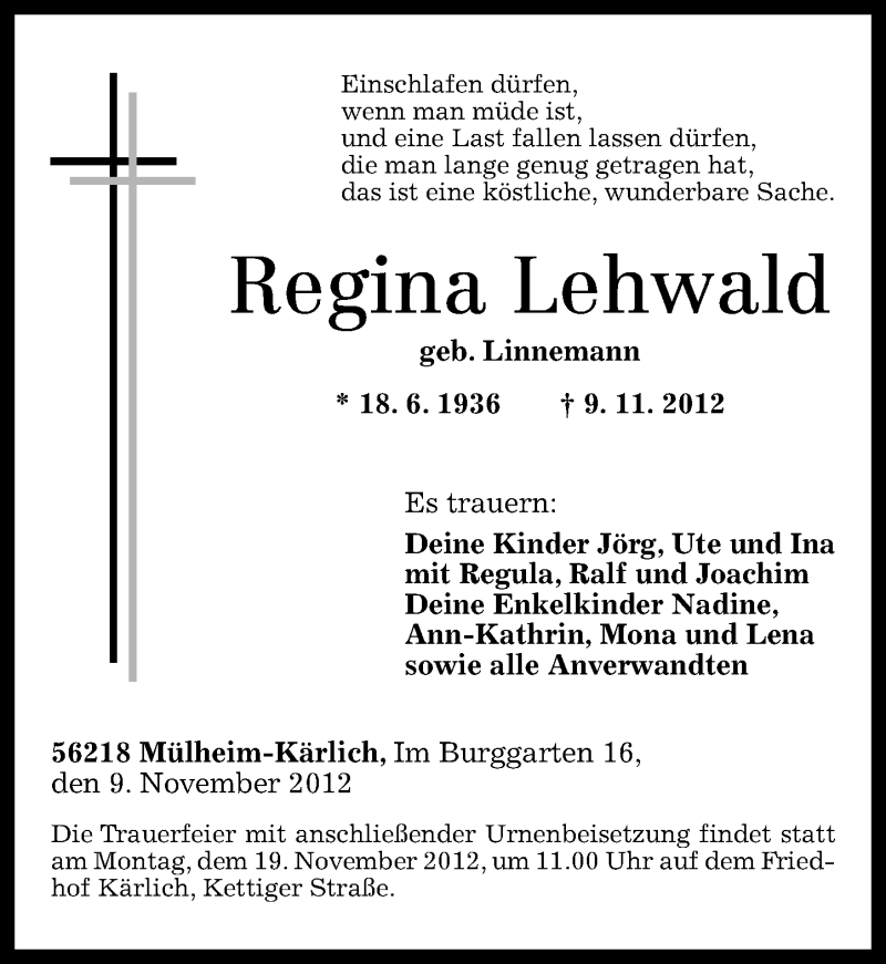  Traueranzeige für Regina Lehwald vom 14.11.2012 aus Rhein-Zeitung