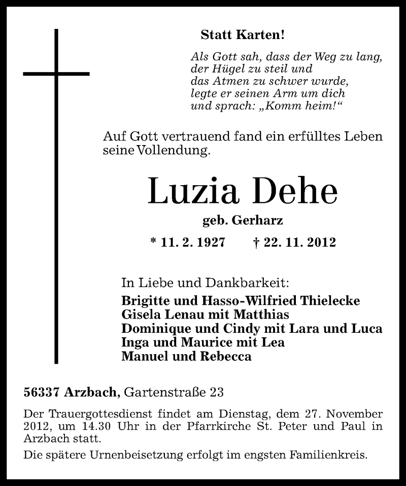  Traueranzeige für Luzia Dehe vom 24.11.2012 aus Rhein-Lahn-Zeitung