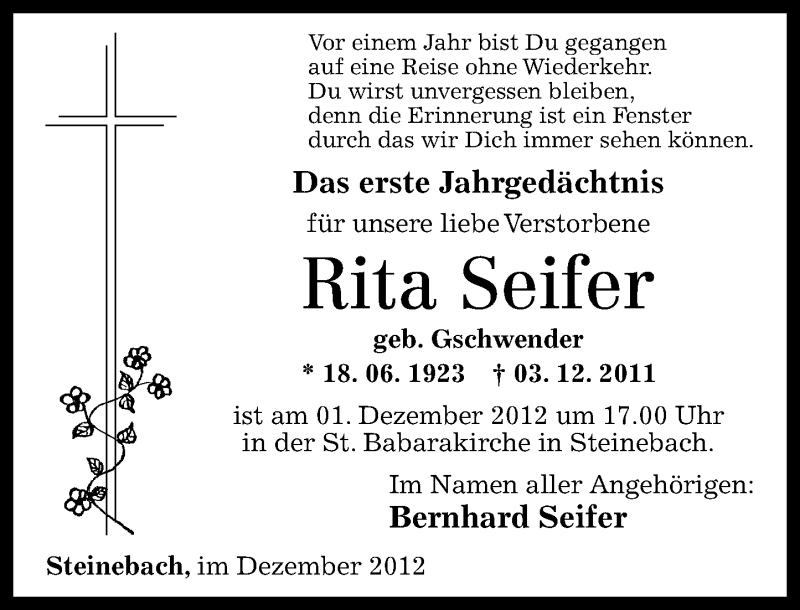  Traueranzeige für Rita Seifer vom 01.12.2012 aus Rhein-Zeitung