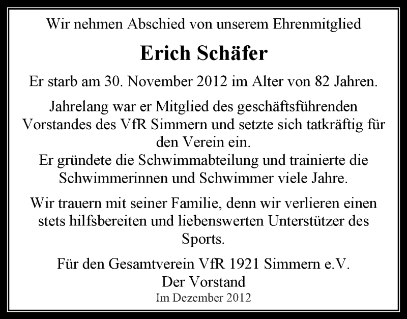  Traueranzeige für Erich Schäfer vom 15.12.2012 aus Rhein-Hunsrück-Zeitung