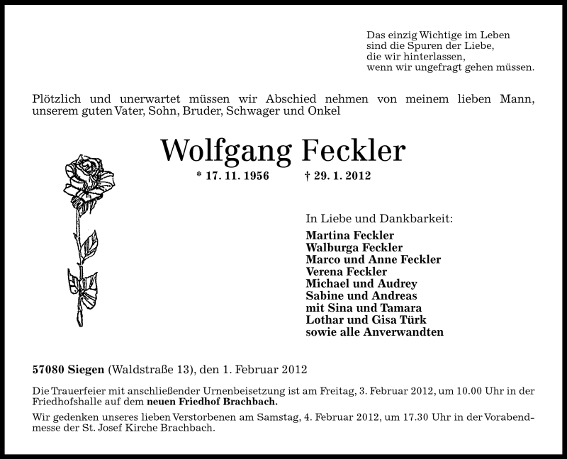  Traueranzeige für Wolfgang Feckler vom 01.02.2012 aus Rhein-Zeitung