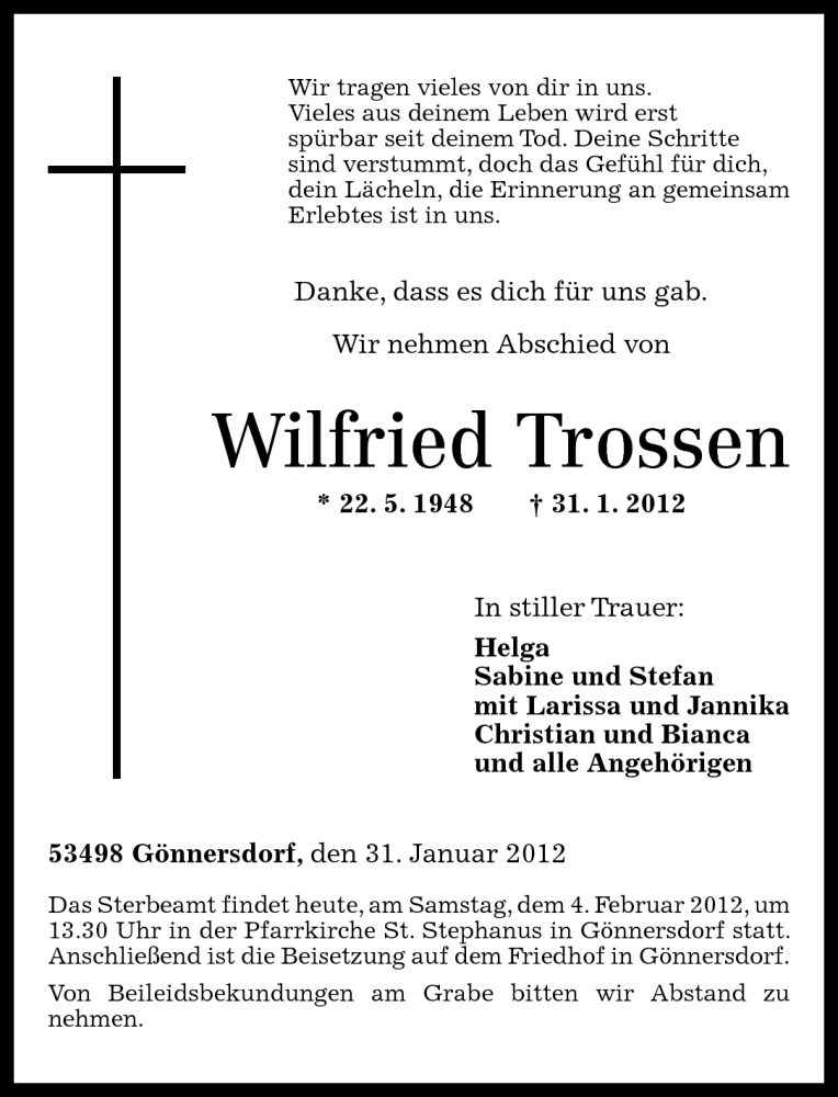  Traueranzeige für Wilfried Trossen vom 04.02.2012 aus Rhein-Zeitung