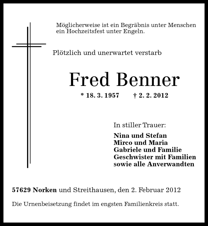  Traueranzeige für Fred Benner vom 07.02.2012 aus Westerwälder Zeitung