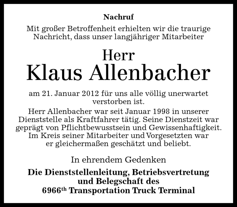  Traueranzeige für Klaus Allenbacher vom 08.02.2012 aus Nahe-Zeitung