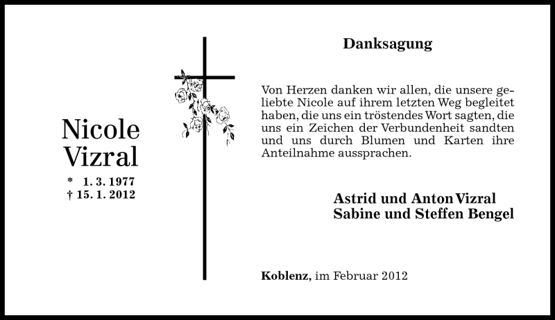  Traueranzeige für Nicole Vizral vom 11.02.2012 aus Rhein-Zeitung