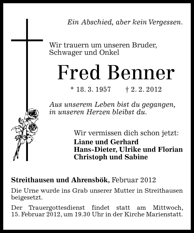  Traueranzeige für Fred Benner vom 13.02.2012 aus Westerwälder Zeitung