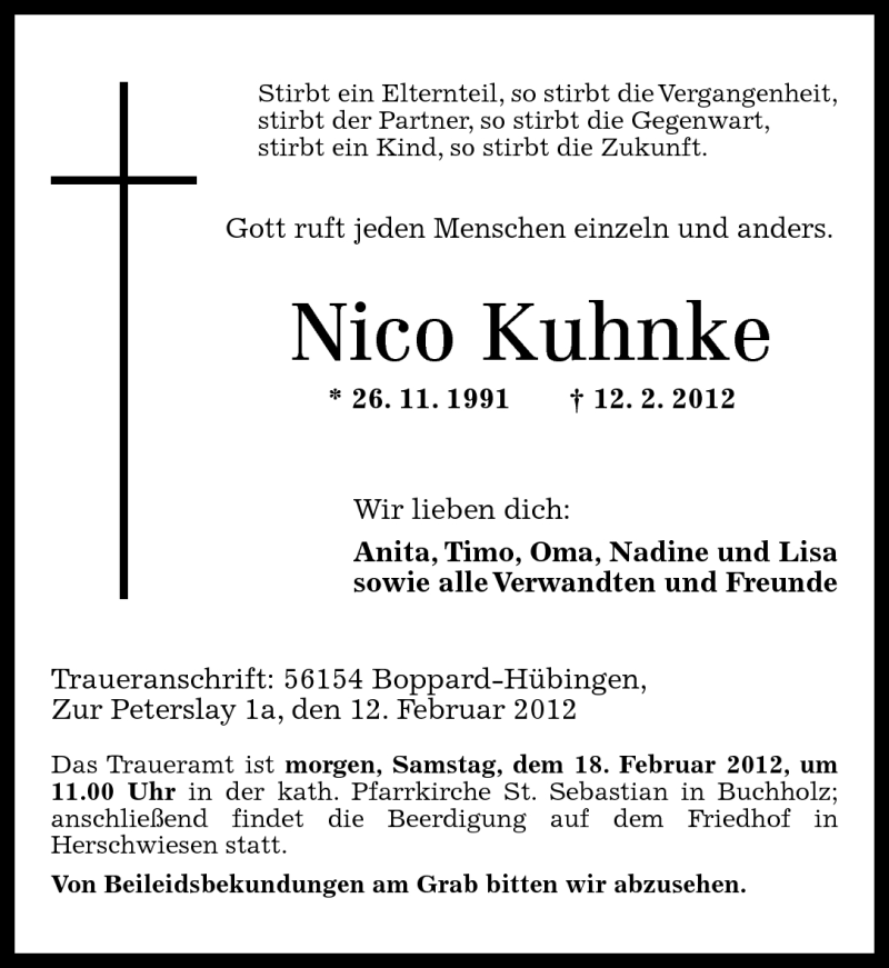  Traueranzeige für Nico Kuhnke vom 17.02.2012 aus Rhein-Zeitung