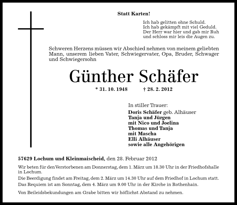  Traueranzeige für Günther Schäfer vom 29.02.2012 aus Westerwälder Zeitung