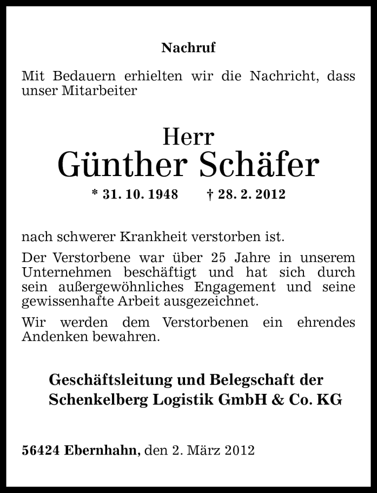  Traueranzeige für Günther Schäfer vom 02.03.2012 aus Westerwälder Zeitung