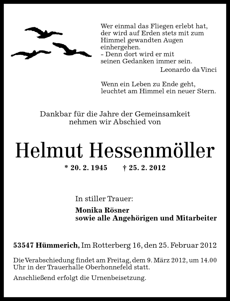  Traueranzeige für Helmut Hessenmöller vom 03.03.2012 aus Rhein-Zeitung