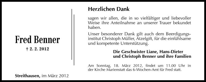  Traueranzeige für Fred Benner vom 15.03.2012 aus Westerwälder Zeitung