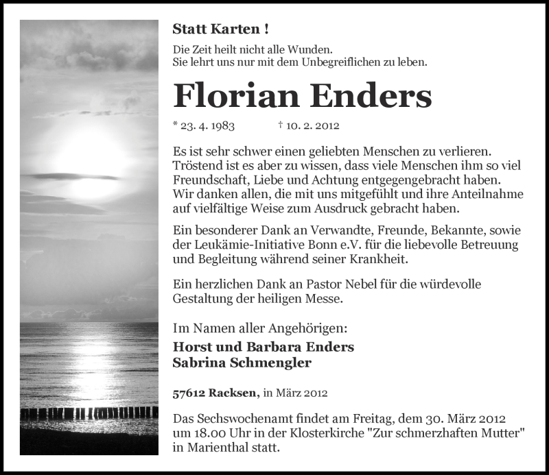  Traueranzeige für Florian Enders vom 24.03.2012 aus Rhein-Zeitung