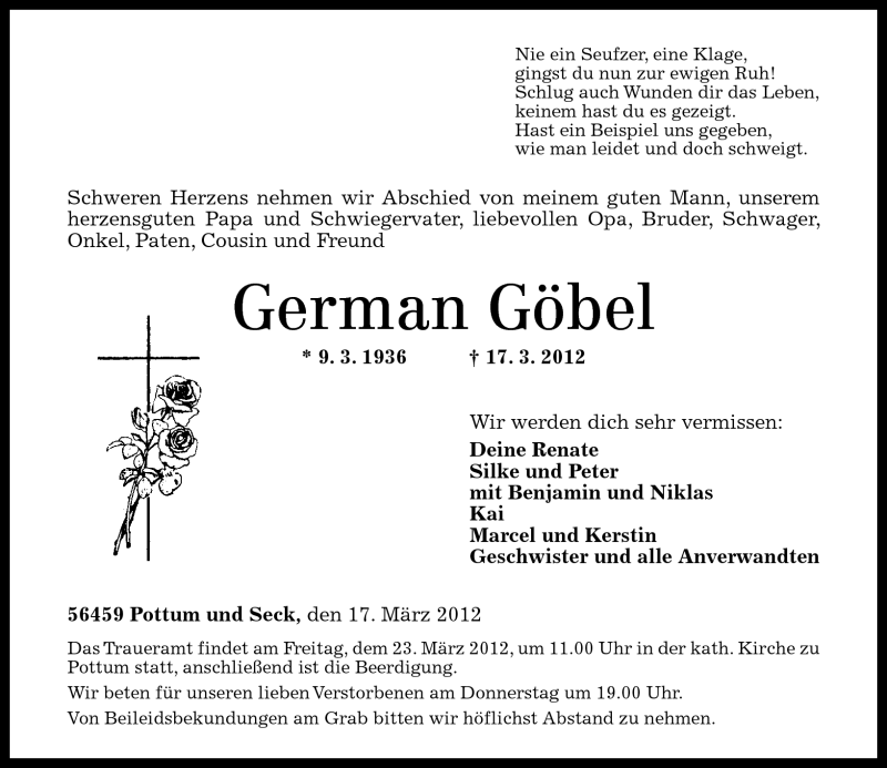 Traueranzeige für German Göbel vom 21.03.2012 aus Westerwälder Zeitung