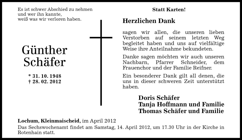  Traueranzeige für Günther Schäfer vom 02.04.2012 aus Westerwälder Zeitung