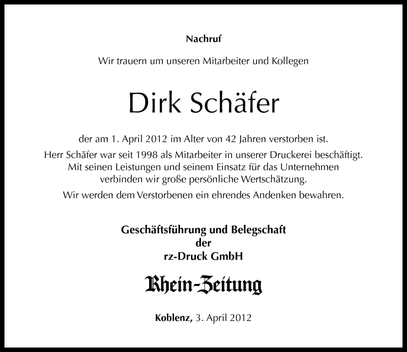  Traueranzeige für Dirk Schäfer vom 03.04.2012 aus Rhein-Zeitung