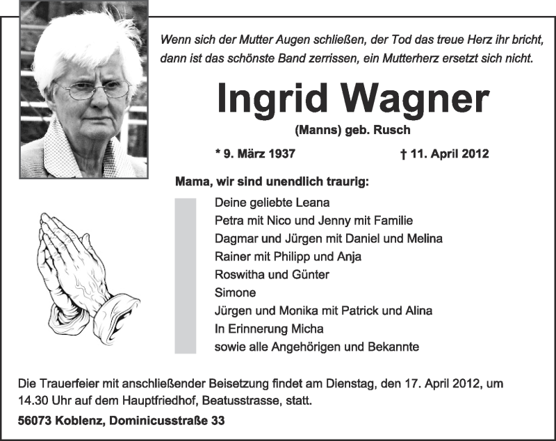  Traueranzeige für Ingrid Wagner vom 14.04.2012 aus Rhein-Zeitung