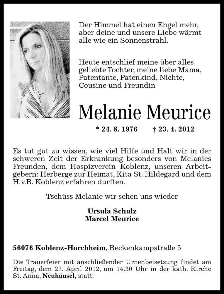  Traueranzeige für Melanie Meurice vom 25.04.2012 aus Rhein-Zeitung