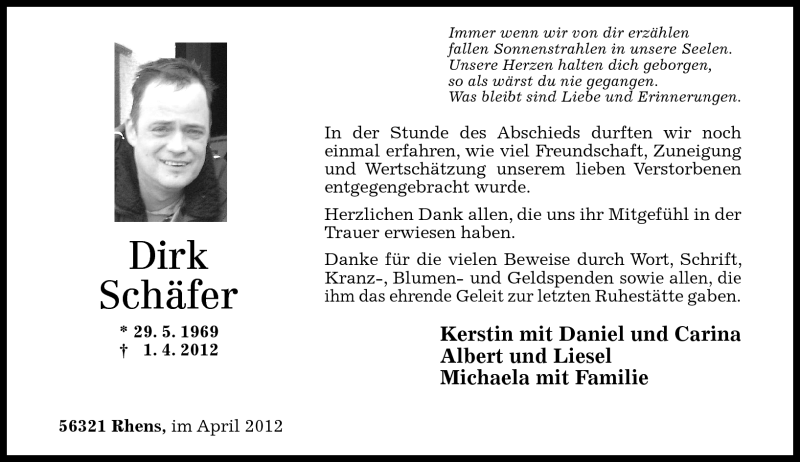  Traueranzeige für Dirk Schäfer vom 28.04.2012 aus Rhein-Zeitung