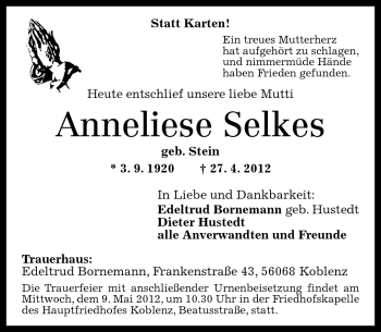 Traueranzeige von Anneliese Selkes von Rhein-Zeitung