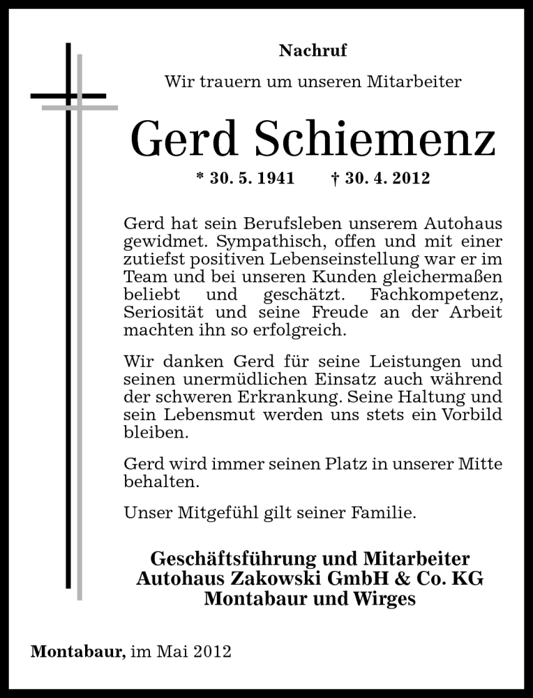  Traueranzeige für Gerd Schiemenz vom 04.05.2012 aus Westerwälder Zeitung
