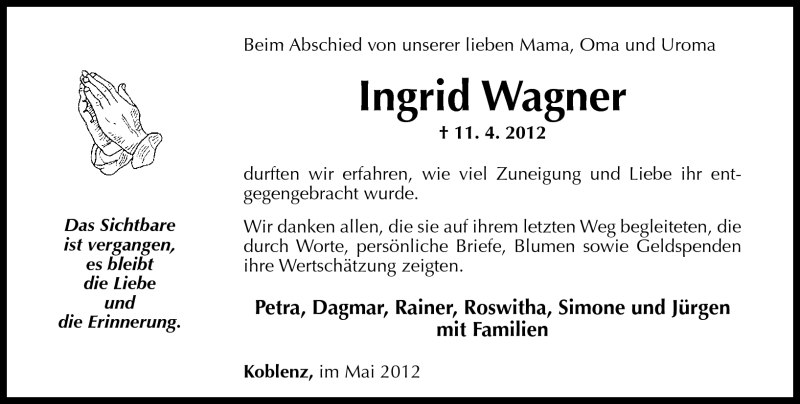  Traueranzeige für Ingrid Wagner vom 05.05.2012 aus Rhein-Zeitung