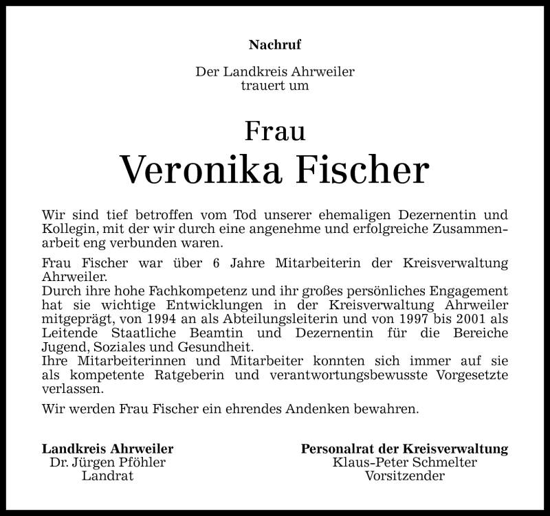  Traueranzeige für Veronika Fischer vom 12.05.2012 aus Rhein-Zeitung