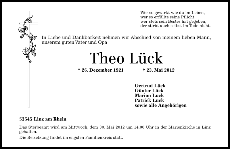  Traueranzeige für Theo Lück vom 26.05.2012 aus Rhein-Zeitung
